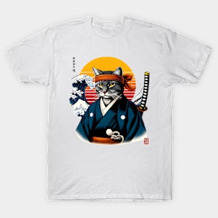 Vaporwave Samurai Cat Great Wave Off Kanagawa T-Shirt